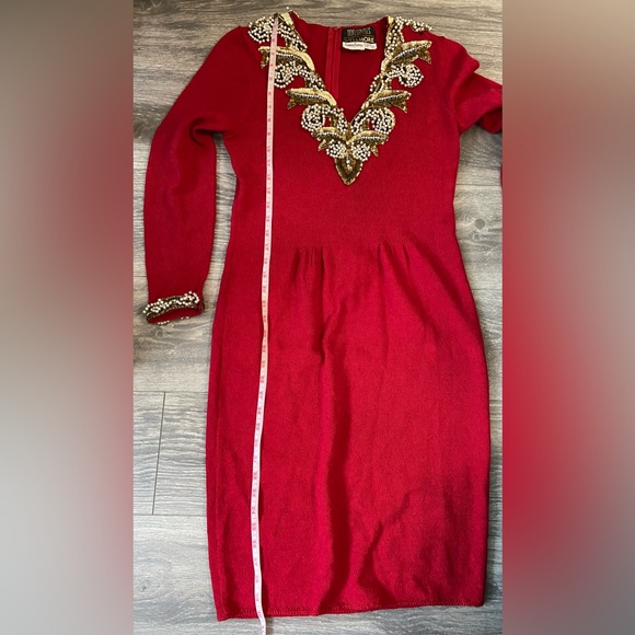 Vintage Don Sayres for Wellmore Neiman Marcus Red Knit Dress Sequins Pearls SZ 4 - Picture 16 of 16